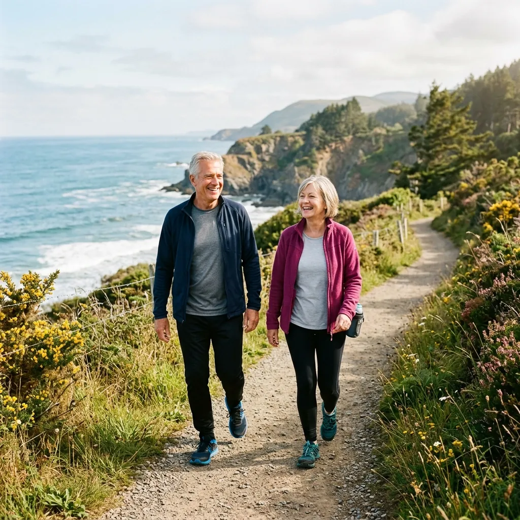 Senior Couple Breathing Easily on Nature Walk